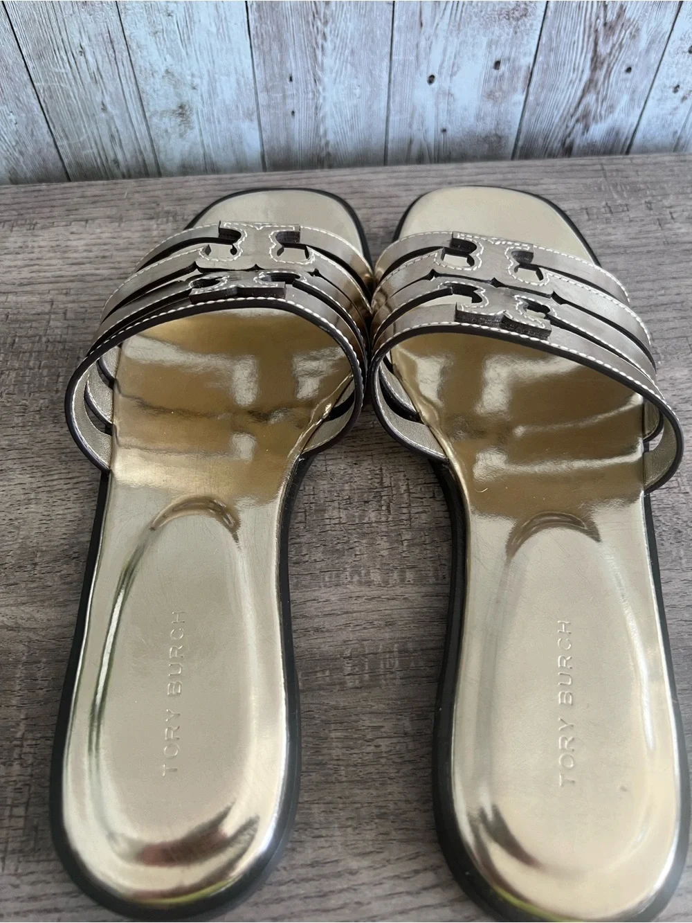 Tory Burch Ines Metallic Gold Triple-Strap Slide Sandals Size 7